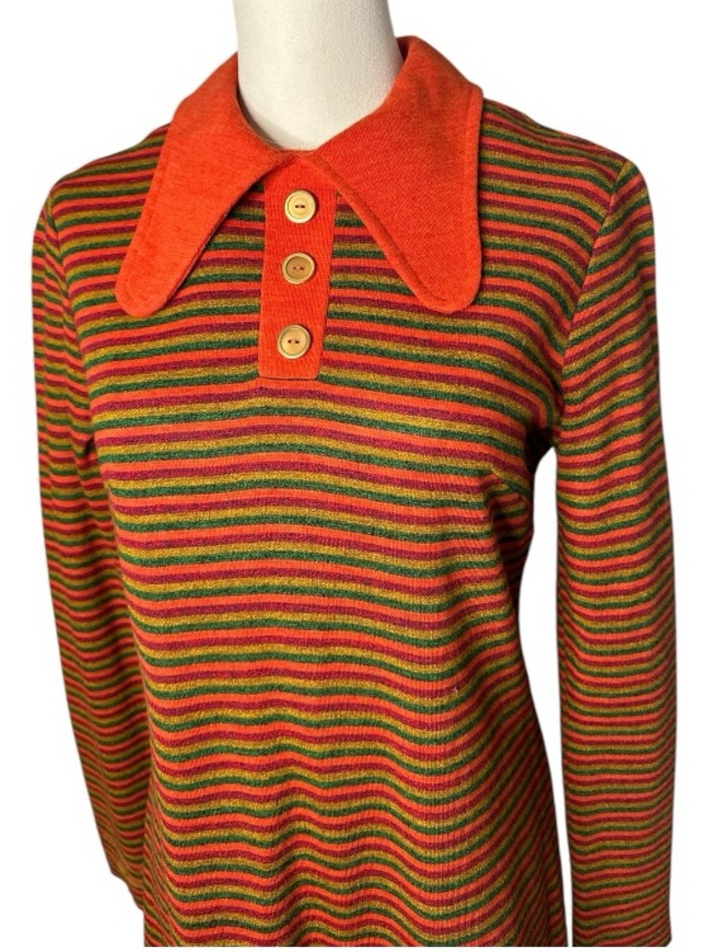 Vintage 1970s Butterfly Collar Striped A-Line Dress - Picture 3 of 12